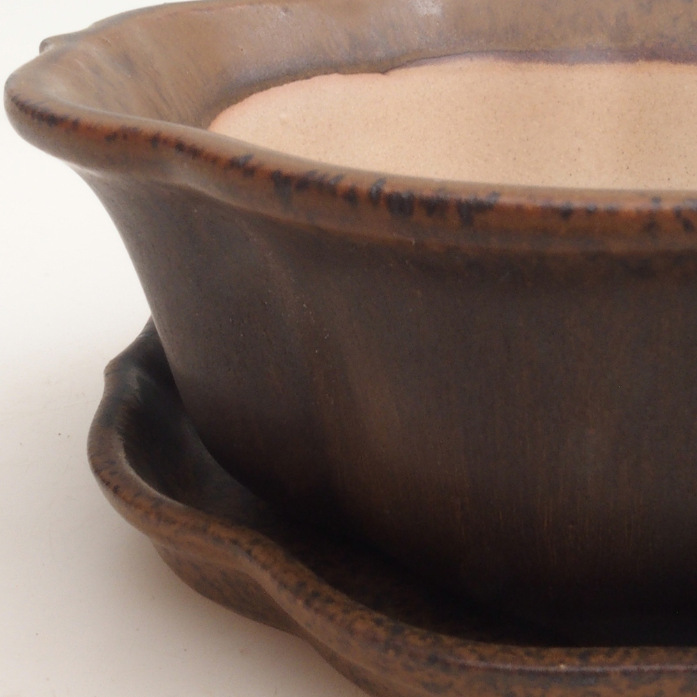Bonsai bowl + spodek H06 - 14,5 x 14,5 x 5 cm. - brązowy