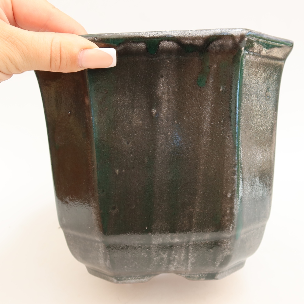 Ceramiczna miska do bonsai 17,5 x 17,5 x 15,5 cm, kolor metaliczno-zielony