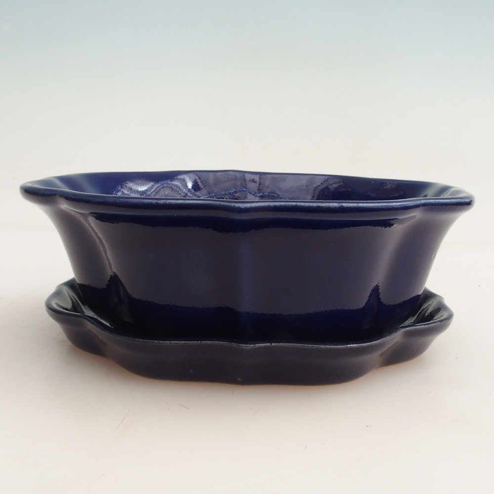 Bonsai bowl + spodek H06 - 14,5 x 14,5 x 5 cm. - niebieski