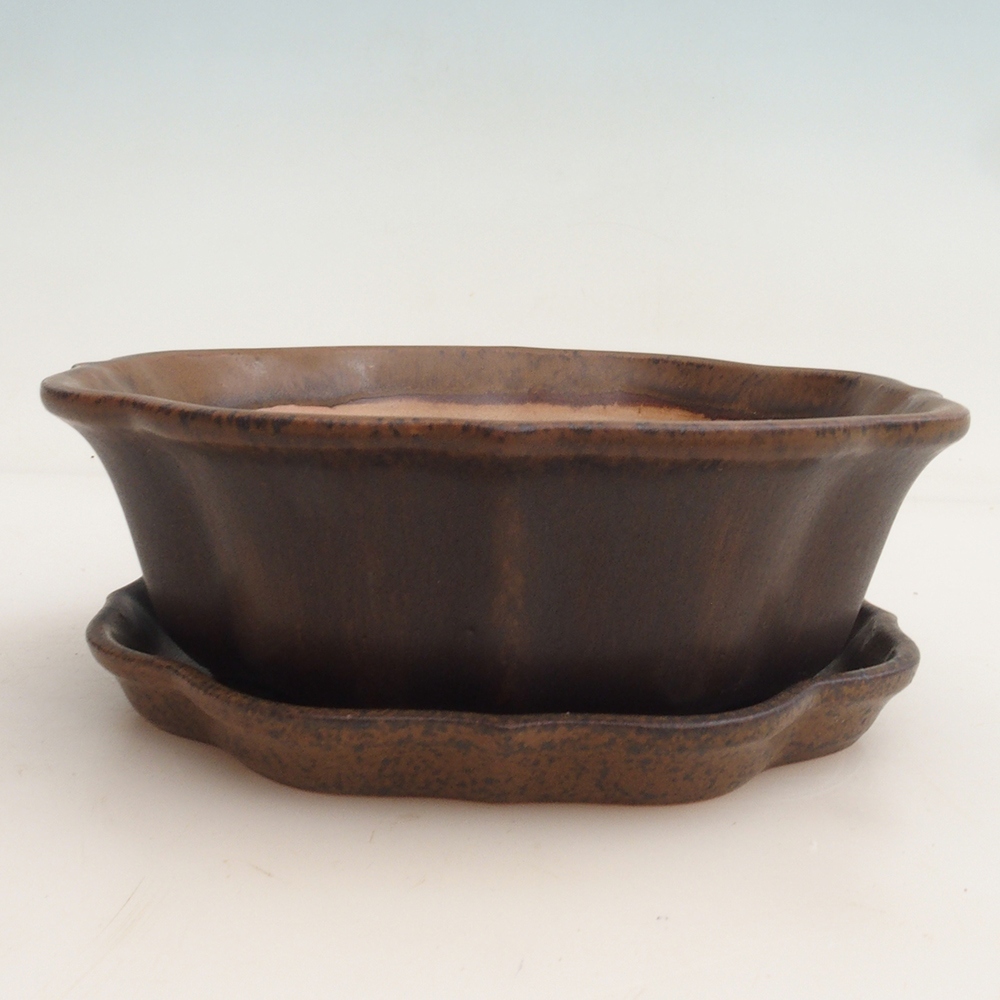 Bonsai bowl + spodek H06 - 14,5 x 14,5 x 5 cm. - brązowy