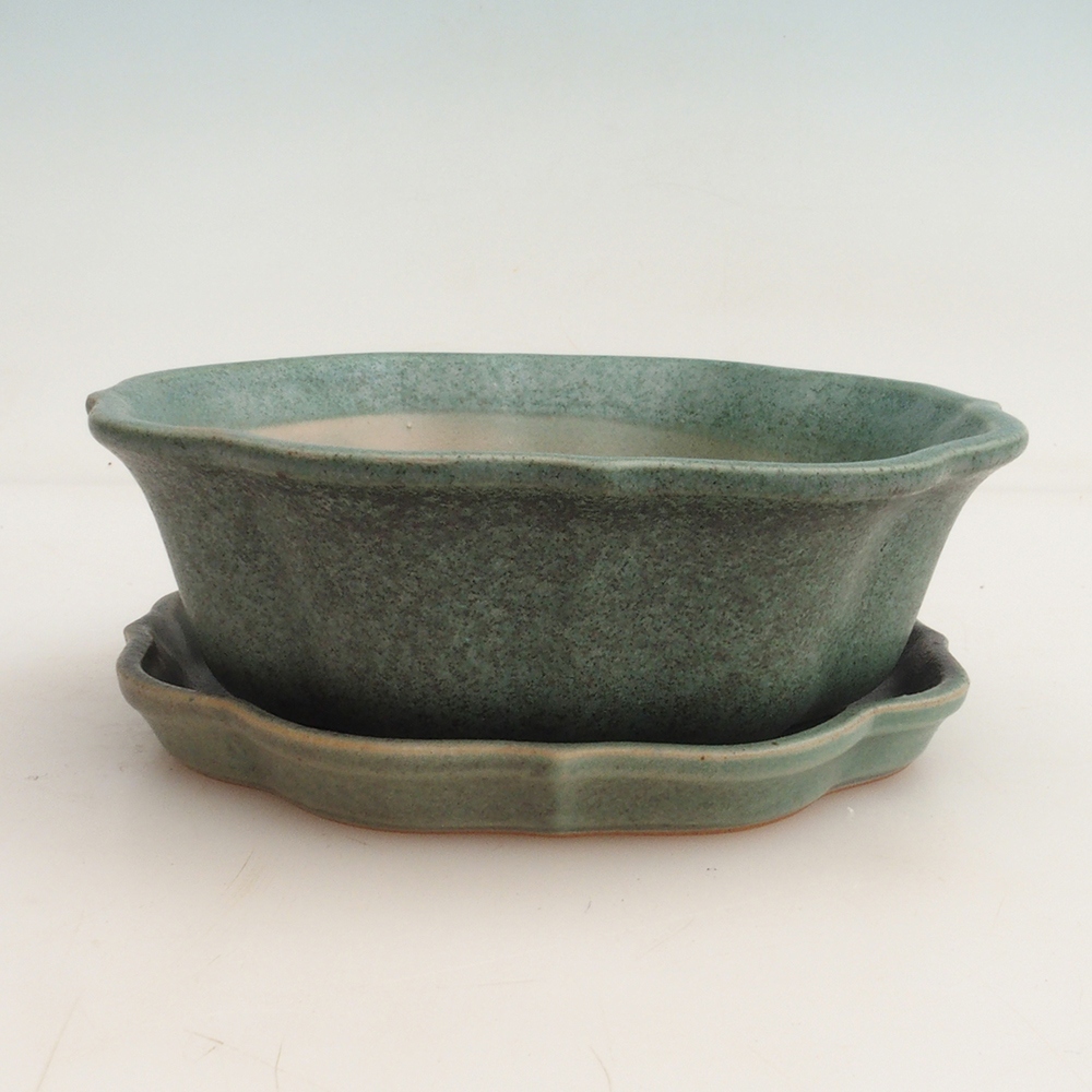 Bonsai bowl + spodek H06 - 14,5 x 14,5 x 5 cm. - zielony