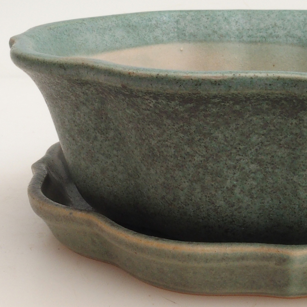 Bonsai bowl + spodek H06 - 14,5 x 14,5 x 5 cm. - zielony
