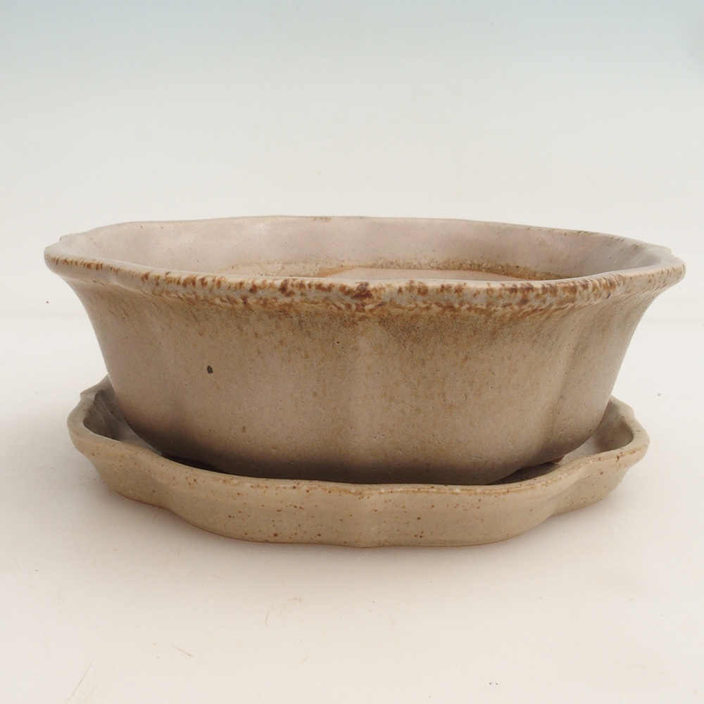 Bonsai bowl + spodek H06 - 14,5 x 14,5 x 5 cm. - beżowy